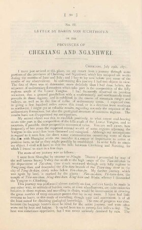 No. IV. Letter by Baron von Richthofen on the provinces of Chekiang and Nganhwei