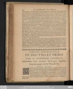Theses Theologicae De Deo Uno Et Trino. Praeside D. Ludovico Cappello, Respondente Ioh. Iacobo Tommano, Tigurino.