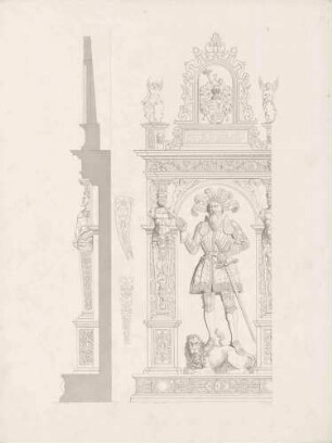 Graf Heinrich, in Renaissancerahmen mit Wappen und Inschrift darüber, auf Löwen stehend