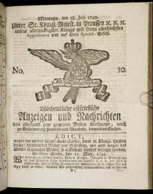 No. 30. Montags, den 28. Julii 1749.