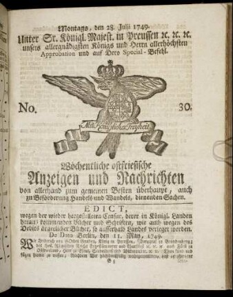 No. 30. Montags, den 28. Julii 1749.