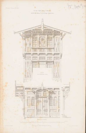 Chaussee-Zollhaus an der Hirschberg-Reichenberger Kunststraße in Schlesien: Ansicht nordöstlicher Giebel, Ansicht Haupttür (aus: Atlas zur Zeitschrift für Bauwesen, hrsg. v. G. Erbkam, Jg. 8, 1858)