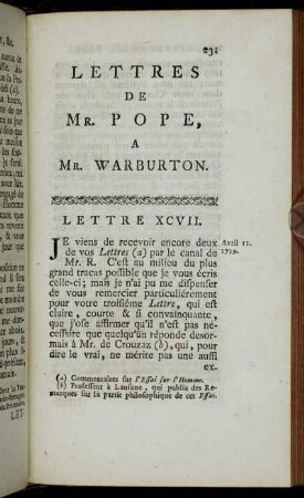 Lettres de Mr. Pope a Mr. Warburton