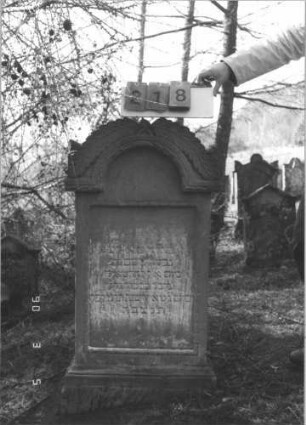Grabstein 218 (Index: 99608942) Material: Sandstein Zustand: sehr stark verwittert im oberen Teil mit Textverlust Maße HxBxT: 118x65x20 cm Beschreibung: Stele, profilierter Sockel, eingezogener Rundbogenabschluß mit aufgesetzten Zweigen, Schriftfeld eingetieft: Grabstein 218