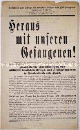 Beitrittsaufruf des Volksbundes zum Schutze der deutschen Kriegs- und Zivilgefangenen mit Einzeichnungsliste (blanko)