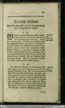 Der sechste Abschnitt. Von dem Angriffe und der Vertheidigung einer angegriffenen Lehre