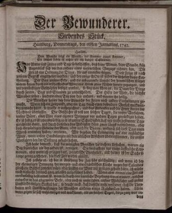 Siebendes Stück. Hamburg, Donnerstags, den eilften Januarius. 1742.