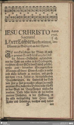 I. Herr Caspar Brestovinus, Pfarrer zu Sohland an der Spree