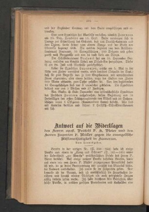 Antwort auf die Viderklagen der Herrn apost. Präfekt P. H. Pieter und des Herrn Superior P. Müller gegen die evangelische Missionsthätigkeit in Kamerun
