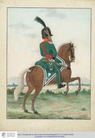 Abbildung Des Gros[s]herzoglich Hessischen Militair. [Tafel 31: Garde-Chevauleger-Regiment; Rückansicht eines Chevaulegers mit geschultertem Säbel]. S.l.e.a. [ca. 1813/14]