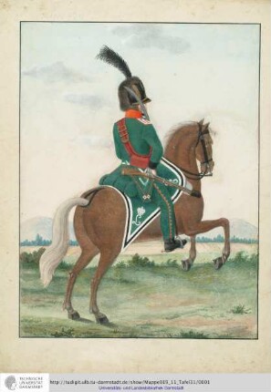 Abbildung Des Gros[s]herzoglich Hessischen Militair. [Tafel 31: Garde-Chevauleger-Regiment; Rückansicht eines Chevaulegers mit geschultertem Säbel]. S.l.e.a. [ca. 1813/14]