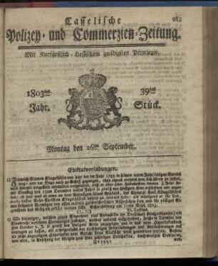 39tes Stueck, Montag den 26ten September 1803