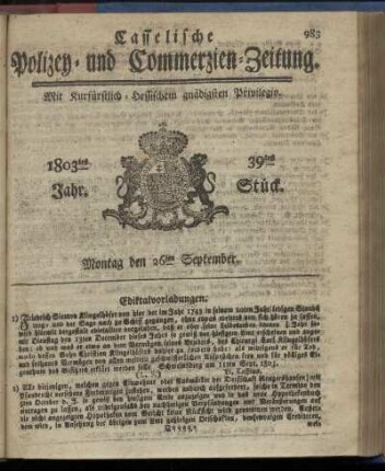 39tes Stueck, Montag den 26ten September 1803