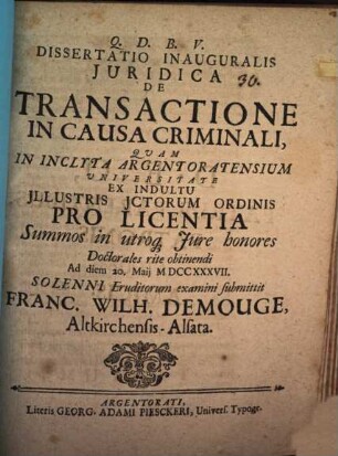Diss. inaug. iur. de transactione in causa criminali