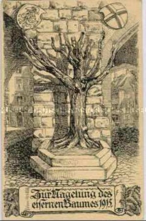 Postkarte zur Nagelung des Eisernen Baumes in Freiburg 1915