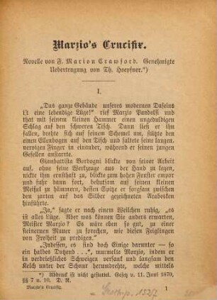 Marzio's Crucifix : Novelle von F. Marion Crawford. Genehmigte Uebertragung von Th. Hoepfner. (Romanbeilage des "Münchener Fremdenblatt.")