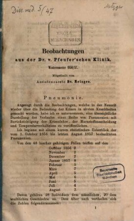 Beobachtungen aus der Dr. v. Pfeufer'schen Klinik : Wintersemester 1856/57. Mitgetheilt vom Assistenzarzte