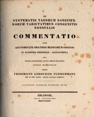 De systematis vasorum sanguiferorum varietatibus congenitis nonnullis commentatio : Accedunt tabulae lithogr. duae