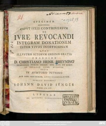 Specimen Continens Capvt Ivris Controversvm De Ivre Revocandi Integram Donationem Inter Vivos Inofficiosam