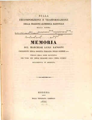 Memoria sulla decomposizione e trasformazione della frazione Algebrica razionale