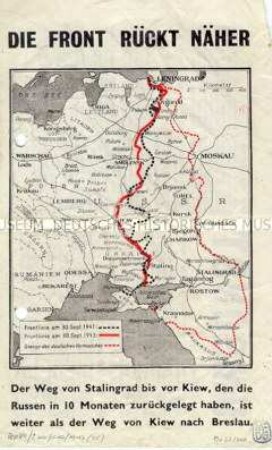 Illustriertes Abwurf-Flugblatt der Alliierten mit einer Karte von der Ostfront