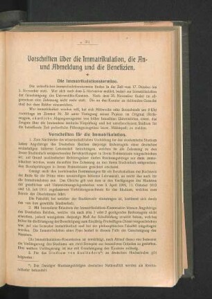 Vorschriften über die Immatrikulation, die An- und Abmeldung und die Benefizien.