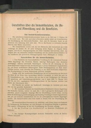 Vorschriften über die Immatrikulation, die An- und Abmeldung und die Benefizien.