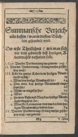 Summarische Verzeichnüs dessen/ was in diesem Büchlein gehandelt wird