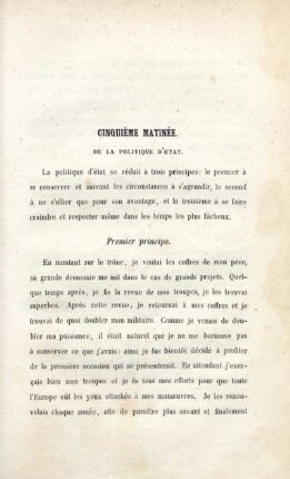 Cinquième Matinée. De la politique d'etat.