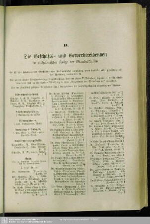 D. Berufsklassen und Gewerbebetriebe : D. Die Geschäfts- und Gewerbetreibenden
