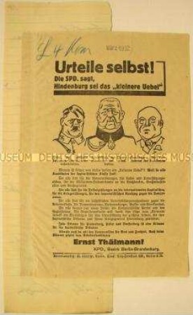 Programmatischer Wahlaufruf der Kommunistischen Partei Deutschlands gegen die Sozialdemokraten und für die Unterstützung Ernst Thälmanns