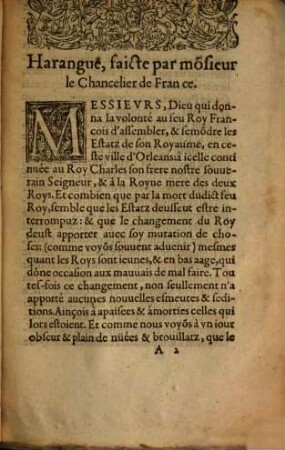 Harangue, contenant La Remonstrance faicte deuant la magesté du Roy treschrestien Charles neufiesme, tenant ses grans Estatz en sa ville d'Orleans: par monseigneur le Chancelier de France