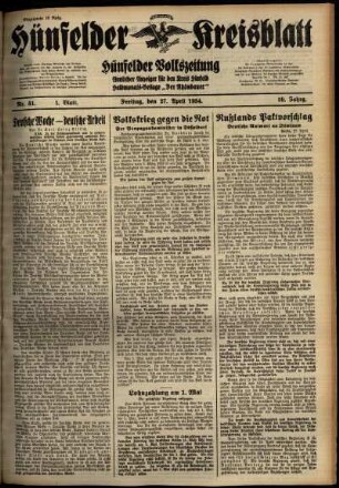 Erste Ausgabe vom Freitag, den 27. April 1934.