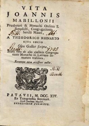 Vita Joannis Mabillonii Presbyteri & Monachi Ordinis S. Benedicti, Congregationis Sancti Mauri