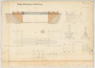 Chaussee-Überbrückung bei Charlottenburg Monatskonkurrenz Februar 1863: Grundriss, Aufriss Seitenansicht, Querschnitt, Details; 2 Maßstabsleisten