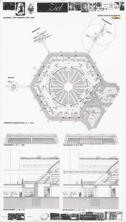Mehrzweckhalle im neuen Luna-Park, Berlin-Tegel Schinkelwettbewerb 2000: Grundriss EG, Teil-Ansichten 1:100, Detail-Schnitte 1:50, Fotos