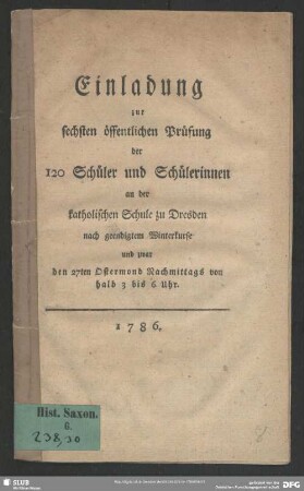 6.1786: Einladung zur öffentlichen Prüfung : welche am ... in der hiesigen Katholischen Hauptschule abgehalten werden soll