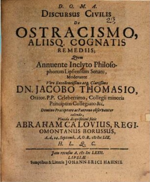 Discursus civilis de ostracismo, aliisq. cognatis remediis