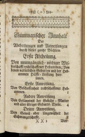 Summarischer Innhalt Der Abtheilungen und Anweisungen durch dieses gantze Büchlein.