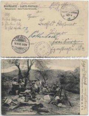 Deutsche und afrikanische Soldaten der Schutztruppe für Deutsch-Südwestafrika bei der Rast
