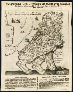 Karte von Belgien und den Niederlanden, Kupferstich, 1672 : Geographischer Löwe / vorstellend die gesammte XVII Niederländische Provintzien / sammt einer kurtzen Beschreib. und Abtheilung derselbigen / wie vie Städte und Dörfer im einer jeden zu finden. - Franckfurt am Mayn : Serlin, 1672 - 1 Kt. : Kupferstich ; 29,4 x 29,9 cm. - Nebentitel: geometrischer Entwurf Der Gesammten XVII Niederländischen Provintzen.