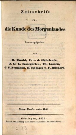 Zeitschrift für die Kunde des Morgenlandes. 1. 1837