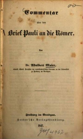 Commentar über den Brief Pauli an die Römer