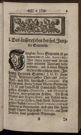 I. Das äussere Leben der seel. Jungfer Sturmin. - III. Der seel. Jungfer Sturmin inneres Leben.