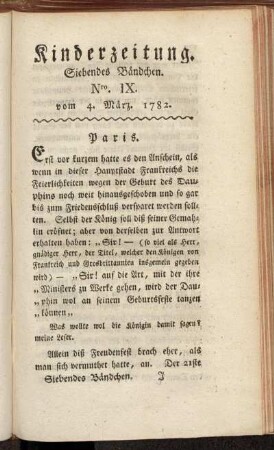 Kinderzeitung. Siebendes Bändchen. Nro. IX. vom 4. März. 1782.