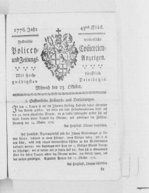 43tes Stück, Ausgabe vom 23. Oktober 1776