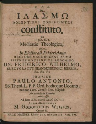 De Ilasmō Dolentibus Conscientiis constituto. Ex I. Joh. II.2. Meditatio Theologica