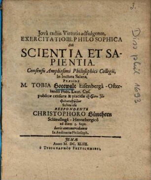 Exercitatio III. Philosophica De Scientia Et Sapientia