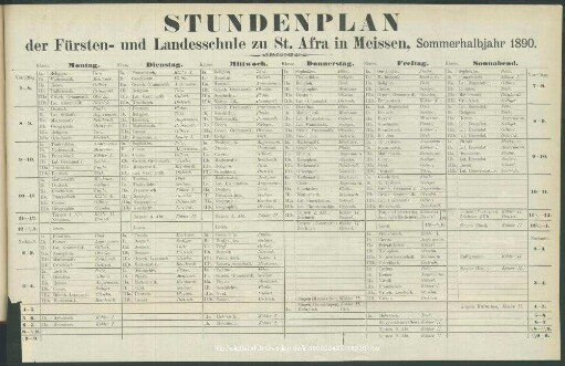 Stundenplan der Fürsten- und Landesschule zu St. Afra in Meissen, Sommerhalbjahr 1890