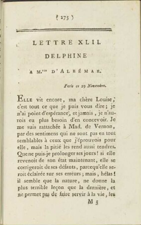 Lettre XLII. Delphine à Mlle. d' Albémar, Paris ce 29 Novembre.